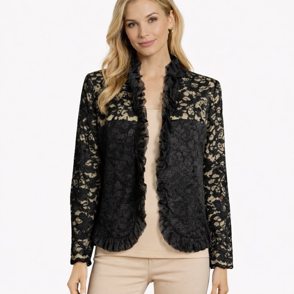 Vintage Bergamo Black lace nude illusion evening jacket blazer size 10 cocktail